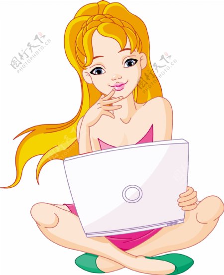 黄色头发女孩和计算机矢量图