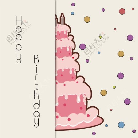 快乐的生日贺卡或邀请卡上有美味的蛋糕上点缀着灰色的背景