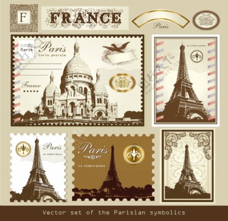 巴黎葡萄酒法国邮票集元素