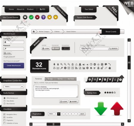 全灰色黑色网页设计师向量的用户界面工具包