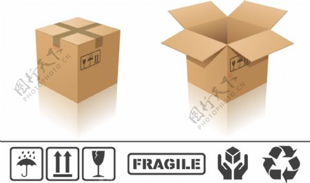 三维纸板箱和常见标志矢量素材