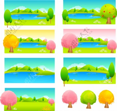 彩色树木和湖泊