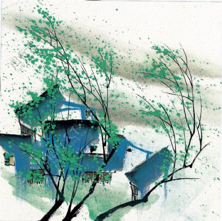 古风抽象柳树水墨画
