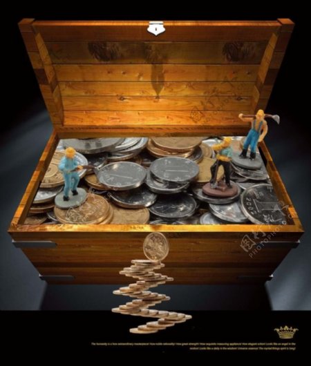 文化展板设计箱子里的矿工和硬币