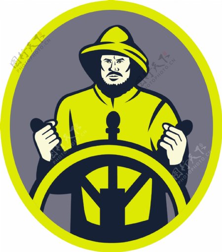 渔夫船船长在车轮或头盔