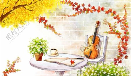 卡通小提琴秋景图片