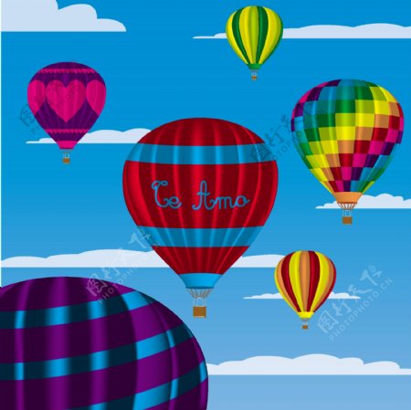 彩色热气球与Te矢量格式在天空背景