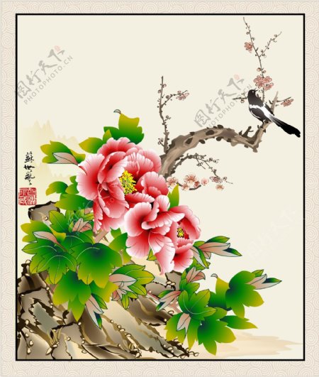 通过细腻的笔法密切关注细节特征的中国传统工笔画风格的花鸟画矢量