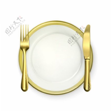 金色餐盘与刀叉矢量图