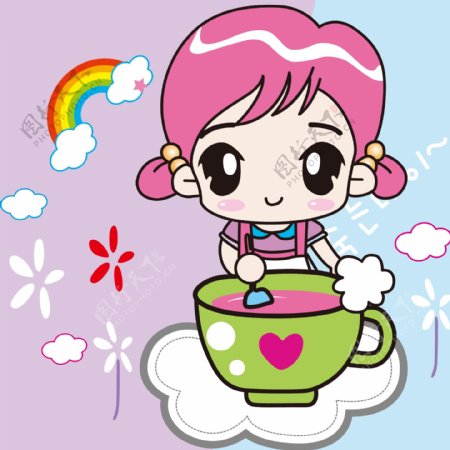 印花矢量图卡通人物女孩茶杯云朵免费素材