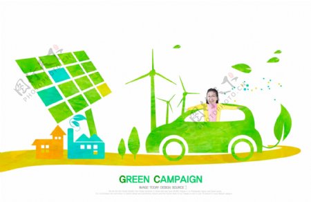 太阳能电池板和绿色汽车
