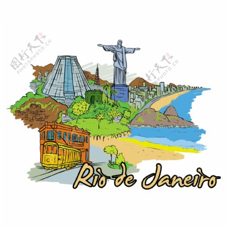 手绘巴西里约热内卢沿海城市建筑矢量图片