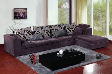 酱紫色布艺沙发图片