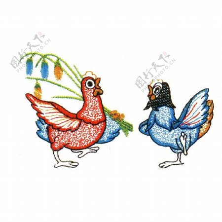 绣花动物鸡花纹色彩免费素材