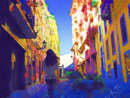 穿过阳光小巷的女子油画水彩图片