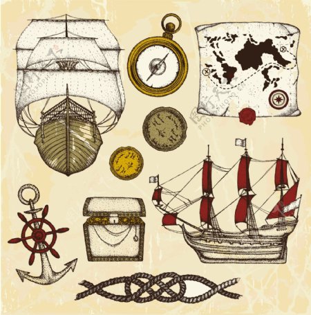 复古海盗船指南针地图珠宝箱矢量素材