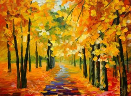 油画金色的秋天图片