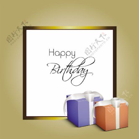 快乐的生日贺卡或邀请卡与时尚的文本和礼品盒与银丝带