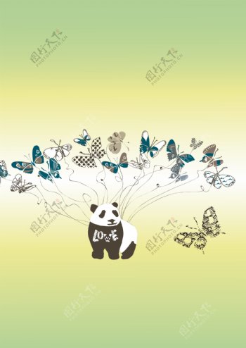 印花矢量图动物熊猫蝴蝶色彩免费素材