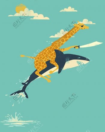 位图可爱卡通可爱动物长颈鹿鱼免费素材