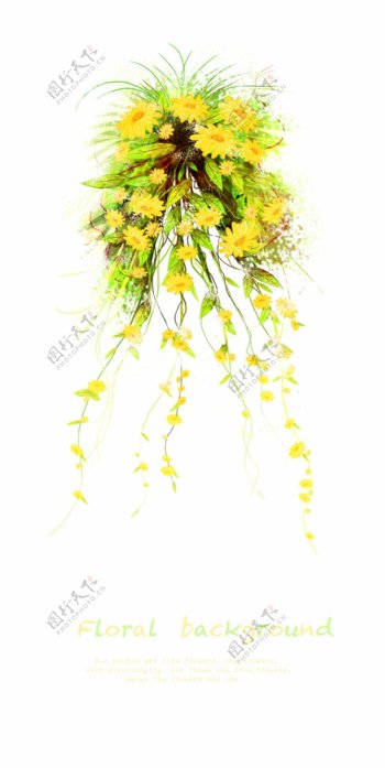 黄色藤蔓花朵花纹样PSD分层