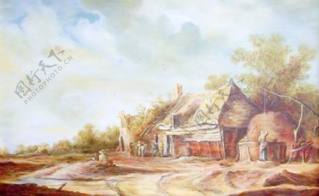 油画中世纪村落图片