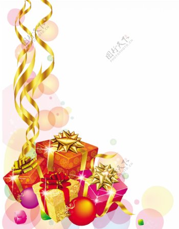 包裹礼物和金色丝带矢量模板的圣诞装饰