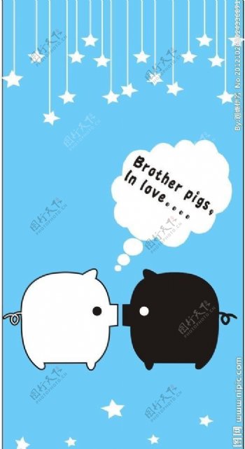 经典可爱黑白情侣猪卡通浪漫矢量图图片