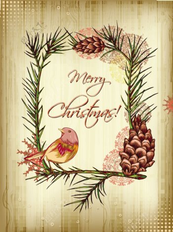 圣诞节插画矢量与松纸锥和鸟