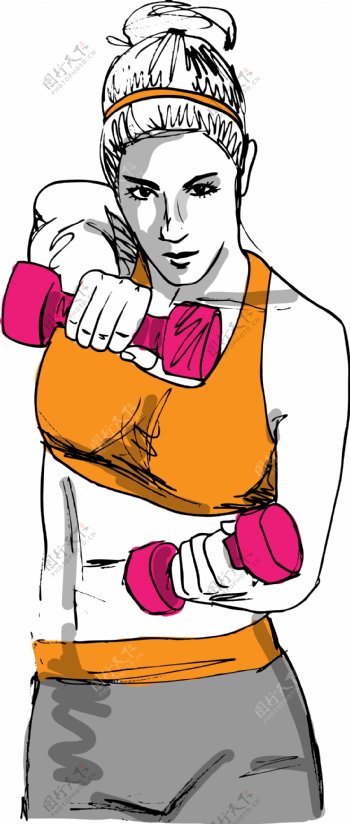 一个女人的工作在哑铃健身素描插画矢量