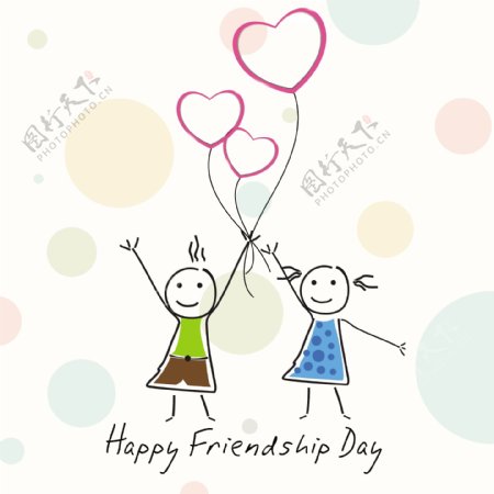 快乐友谊日背景与两个小女孩抱着心形的气球