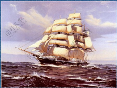 四桅帆船水彩画