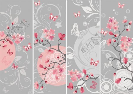 矢量图日式樱花蝴蝶花纹条幅
