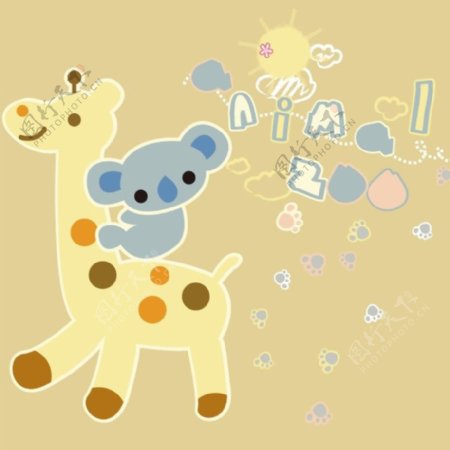 印花矢量图可爱卡通卡通动物长颈鹿树袋熊免费素材