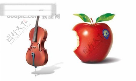 逼真的小提琴和红苹果