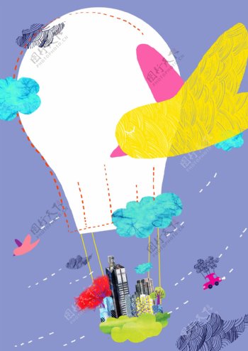 热气球中的城市和飞鸟插画
