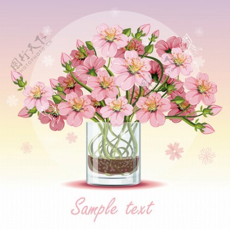 玻璃杯设计矢量粉红花