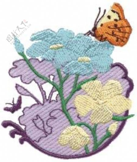 绣花植物花卉蝴蝶色彩蓝色紫色免费素材