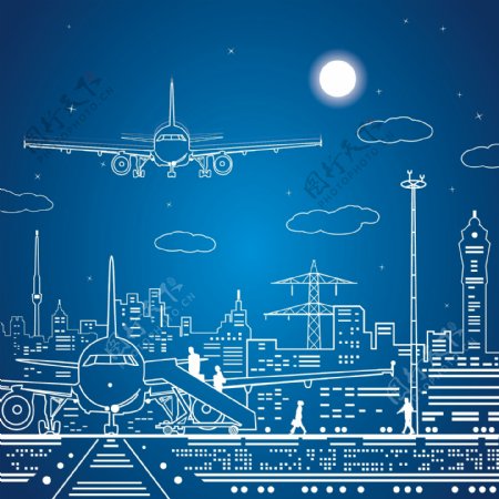 手绘飞机与城市插画矢量图