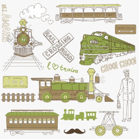 老式火车和铁路收集的涂鸦
