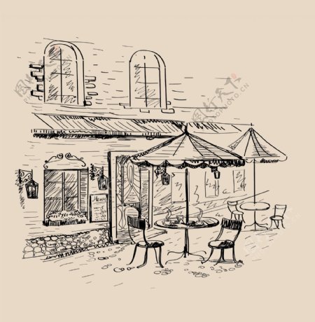 欧式街景咖啡厅线条图图片