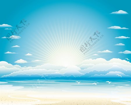 矢量风景漫画海滩蓝天白云图片