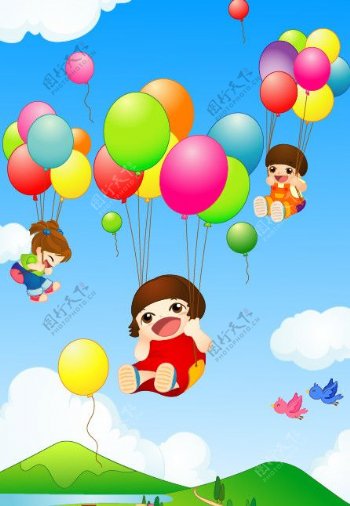 快乐儿童与气球矢量素材图片