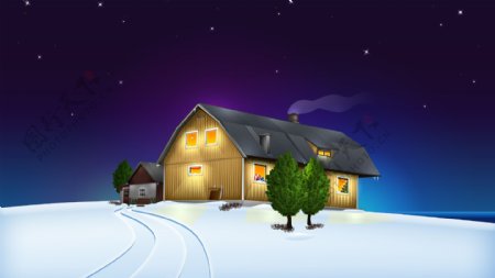 温馨的圣诞卡通小木屋图片