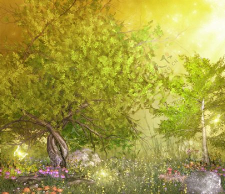 梦幻世界蘑菇绿树影楼背景图片