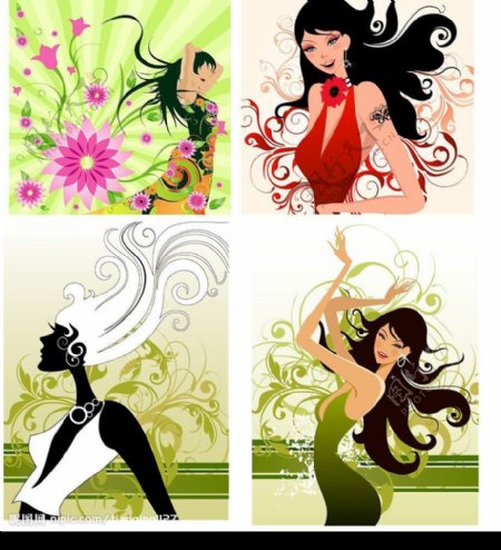 时尚女性与花纹插画矢量素材3图片