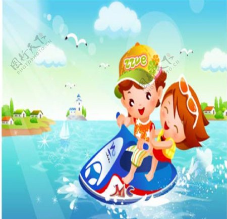 水上乘坐划艇的孩子们矢量素材图片