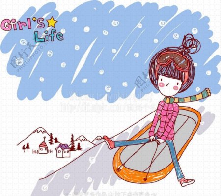 滑雪手绘小女孩图片