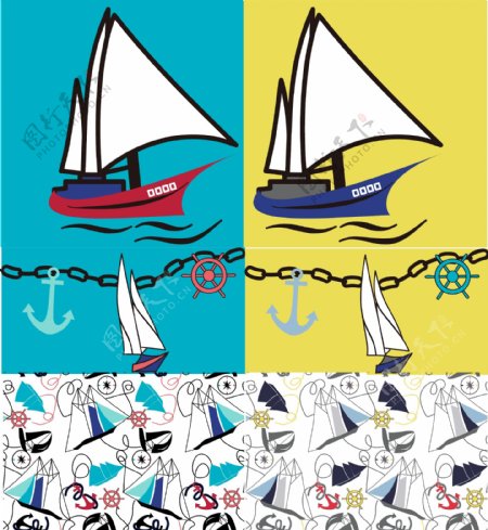 帆船海洋船锚船舵图案图片