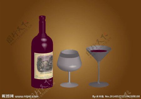 立体葡萄酒瓶和杯子图片